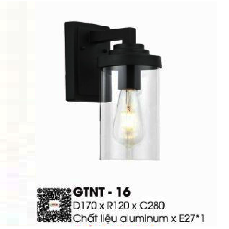 GTNT - 16: Đèn gắn tường ngoài trời - KT: L170mm x W120mm x H280mm - Bóng đèn E27 x 1 bóng