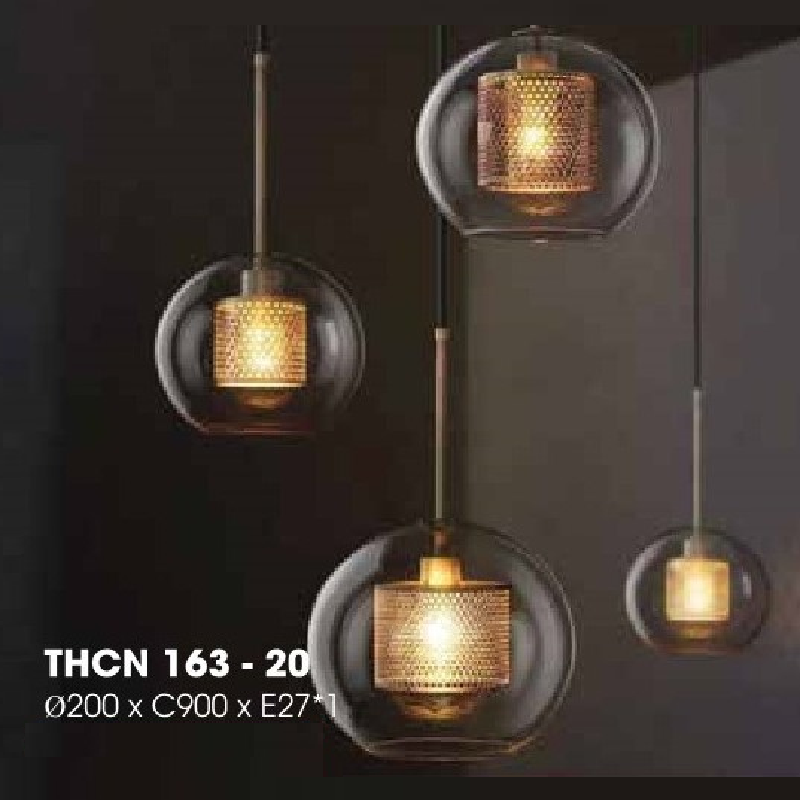 THCN - 163 -20: Đèn thả đơn, chao thủy tinh - KT: Ø200mm x H900mm - Bóng đèn E27 x 1 bóng