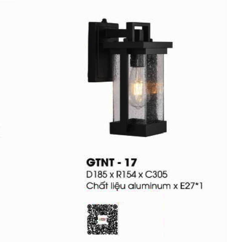 GTNT - 17: Đèn gắn tường ngoài trời - KT: L185mm x W154mm x H305mm - Bóng đèn E27 x 1 bóng