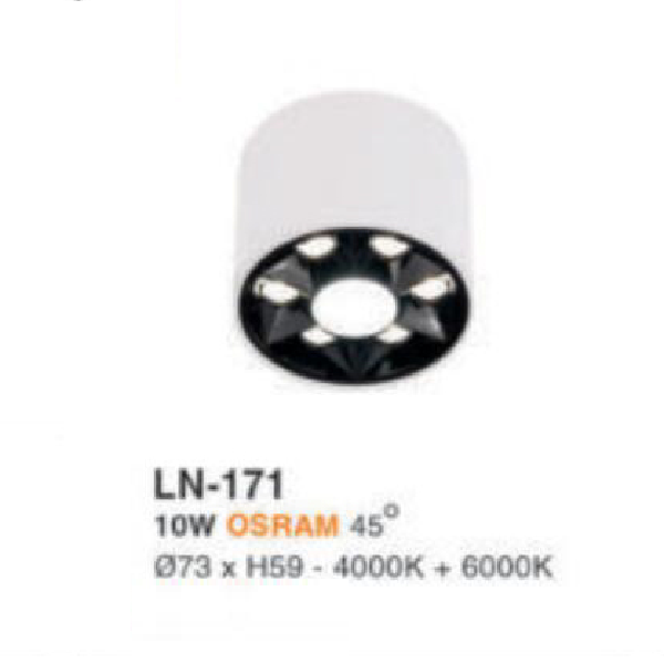 LN - 171: Đèn lon LED 10W gắn nổi, ánh sáng trung tính+trắng