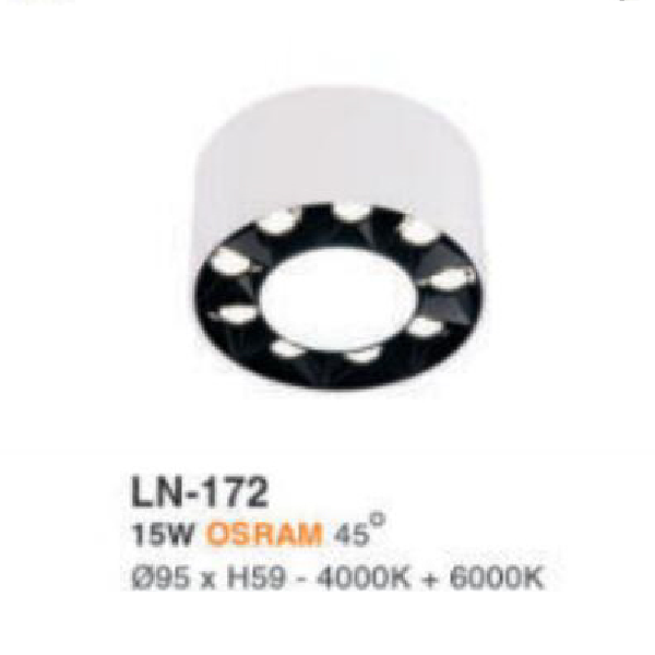 LN - 172: Đèn lon LED 15W gắn nổi, ánh sáng trung tính+trắng