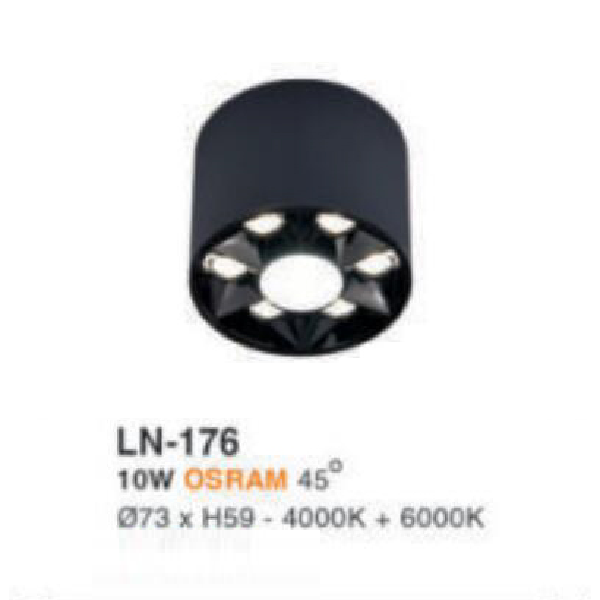 LN - 176: Đèn lon LED 10W gắn nổi, ánh sáng trung tính+trắng