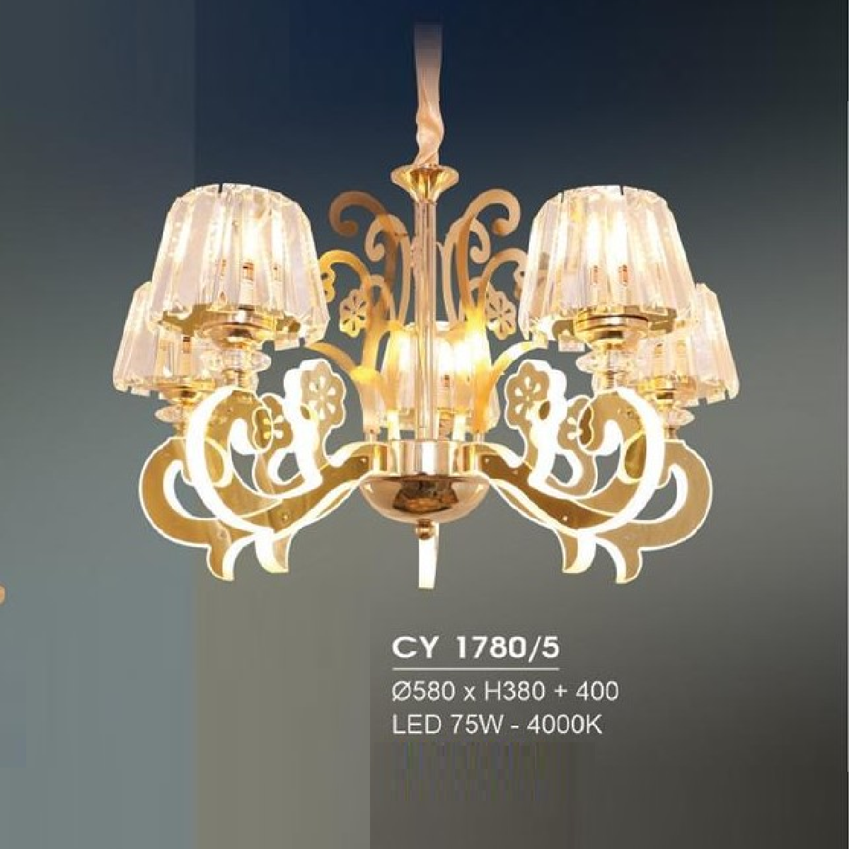 HF - CY 1780/5 : Đèn chùm LED 5 tay 75W ánh sáng vàng 4000K, KT: Ø580mm*H380mm+400mm