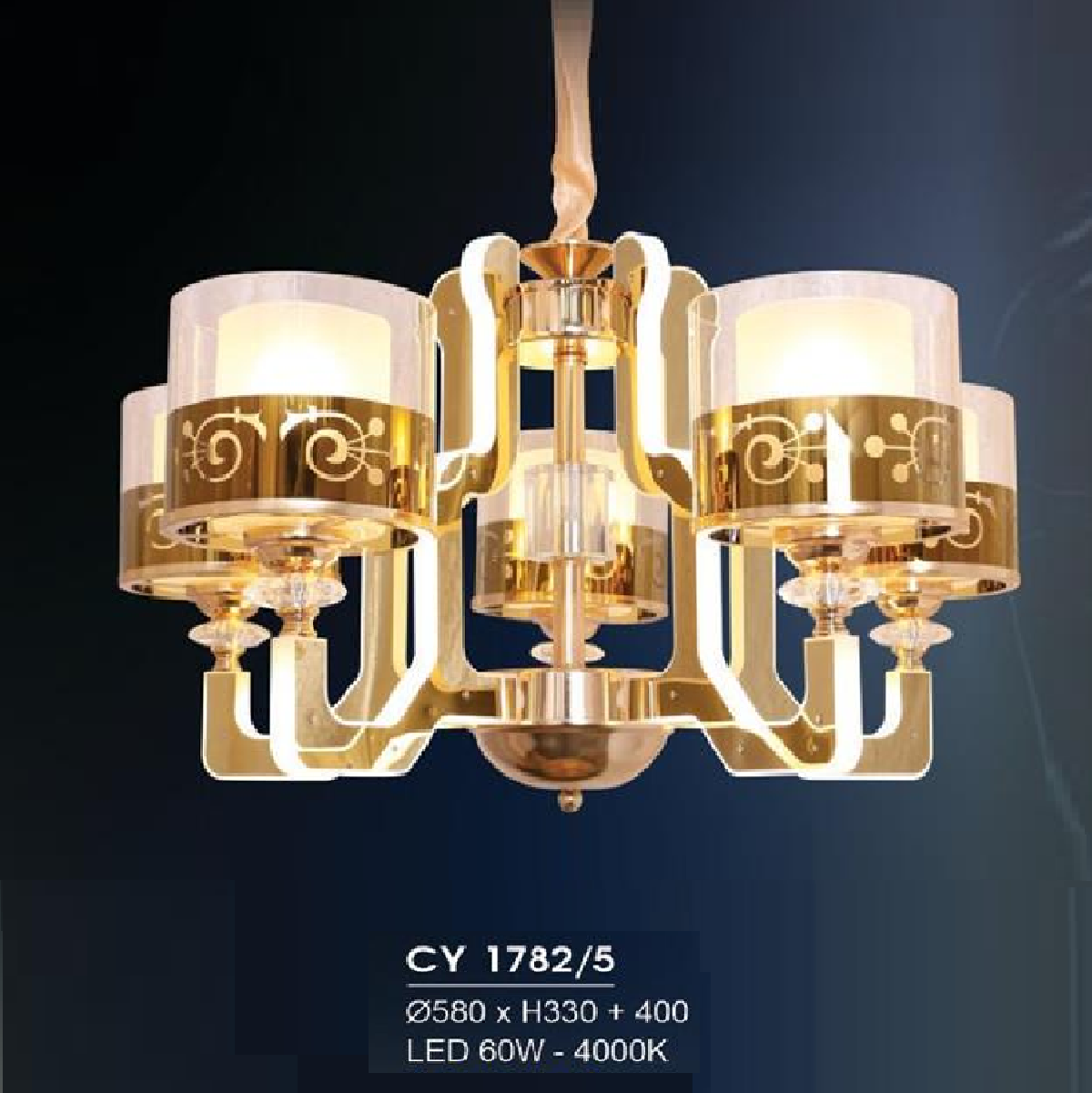 HF - CY 1782/5: Đèn chùm LED 5 tay -  KT: Ø580mm x H330mm+400mm - Đèn LED 60W ánh sáng vàng 4000K