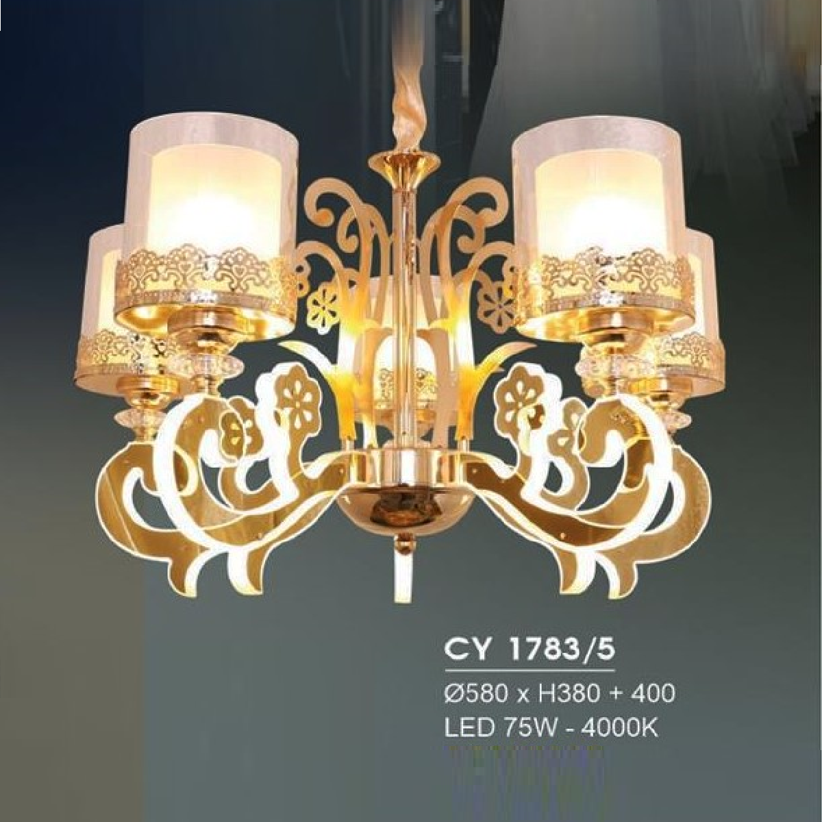 HF - CY 1783/5: Đèn chùm LED 5 tay -  KT: Ø580mm x H380mm + 400mm - Đèn LED 75W ánh sáng vàng 4000K