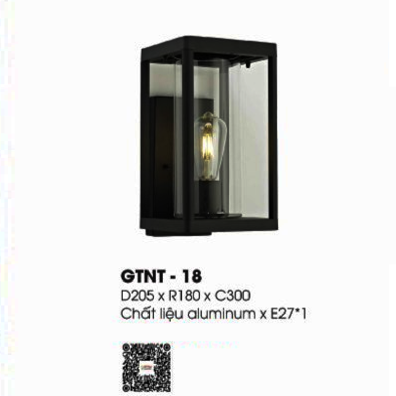 GTNT - 18: Đèn gắn tường ngoài trời - KT: L205mm x W180mm x H300mm - Bóng đèn E27 x 1 bóng