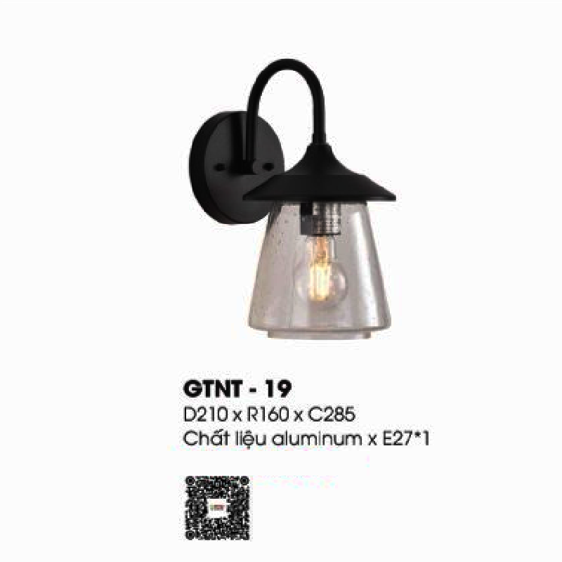 GTNT - 19: Đèn gắn tường ngoài trời - KT: L210mm x W160mm x H285mm - Bóng đèn E27 x 1 bóng