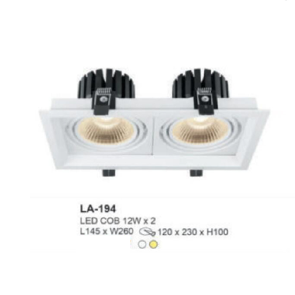 LA -194: Đèn LED COB âm trần đôi 12W x 2,  1 chế độ ánh sáng ( trắng - vàng)