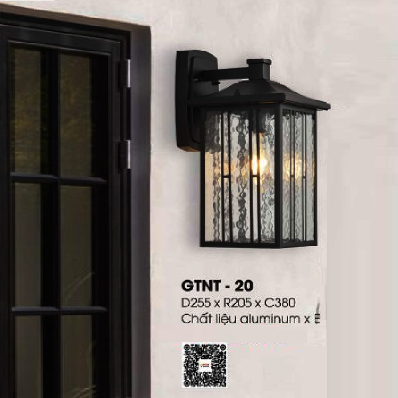 GTNT - 20: Đèn gắn tường ngoài trời - KT: L255mm x W205mm x H380mm - Bóng đèn E27 x 1 bóng