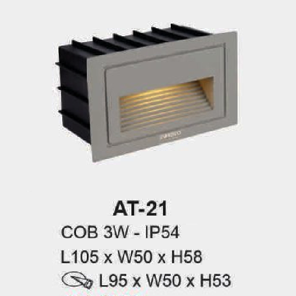 AT - 21: Đèn âm tường/âm bậc cầu thang - IP 54 - KT: L105mm x W50mm x H58mm - Lổ khoét: L 95mm x W50mm x H53mm - Bóng đèn LED COB 3W