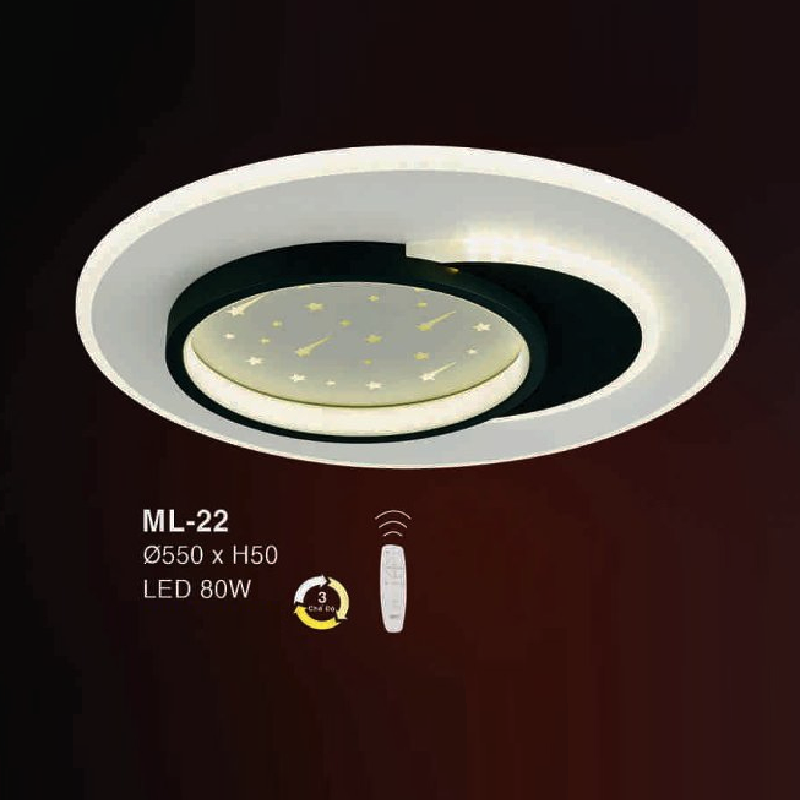 E - ML - 22: Đèn áp trần LED Mica - KT: Ø550mm x H50mm - Đèn LED 80W ánh sáng đổi 3 màu - Remote
