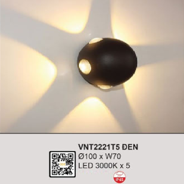 VNT2221T5 Đen: Đèn LED gắn tường ngoài trời - KT: 100mm x W70mm - Đèn LED ánh sáng vàng 3000K