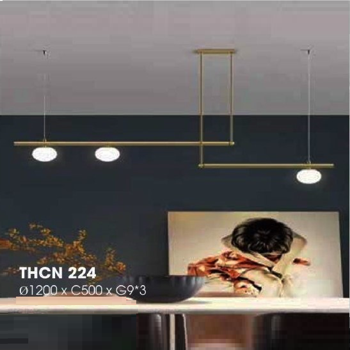 THCN 224: Đèn thả ngang nghệ thuật 3 bóng chao quả bi - KT: L1200mm x H500mm - Đèn LED G9 x 3 bóng