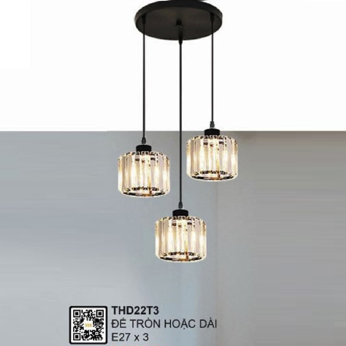 35 - THD22T3: Đèn thả 3 bóng, chao đèn thủy tinh - Gắn đế tròn hoặc dài -  E27 x 3 bóng