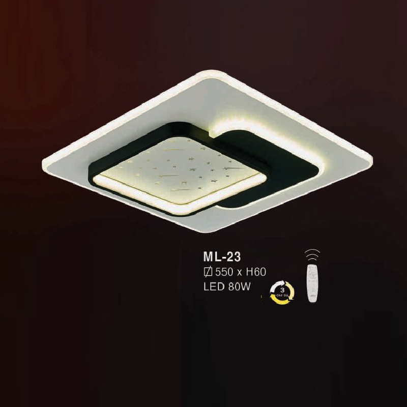E - ML - 23: Đèn áp trần LED vuông - KT: L550mm x W550mm x H60mm  - Đèn LED 80W  ánh sáng đổi 3 màu - Remote