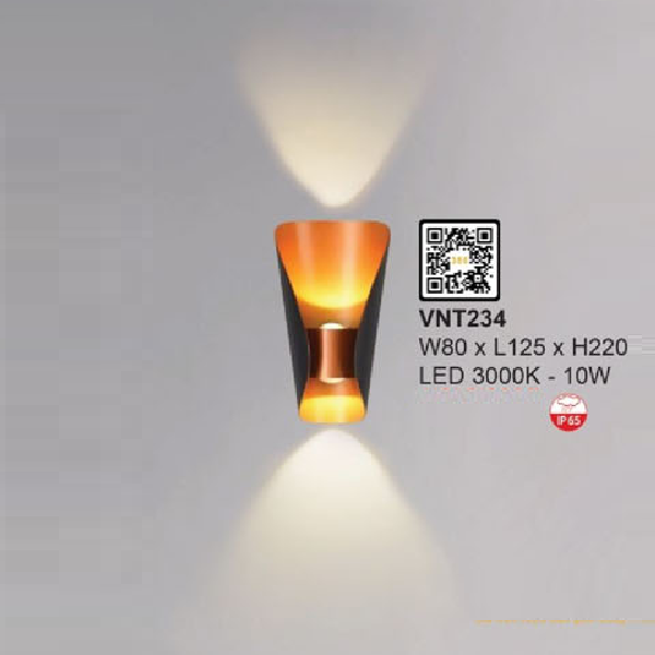 VNT234: Đèn LED gắn tường ngoài trời - KT: W80mm x L125mm xH220mm - Đèn LED 10W ánh sáng vàng 3000K