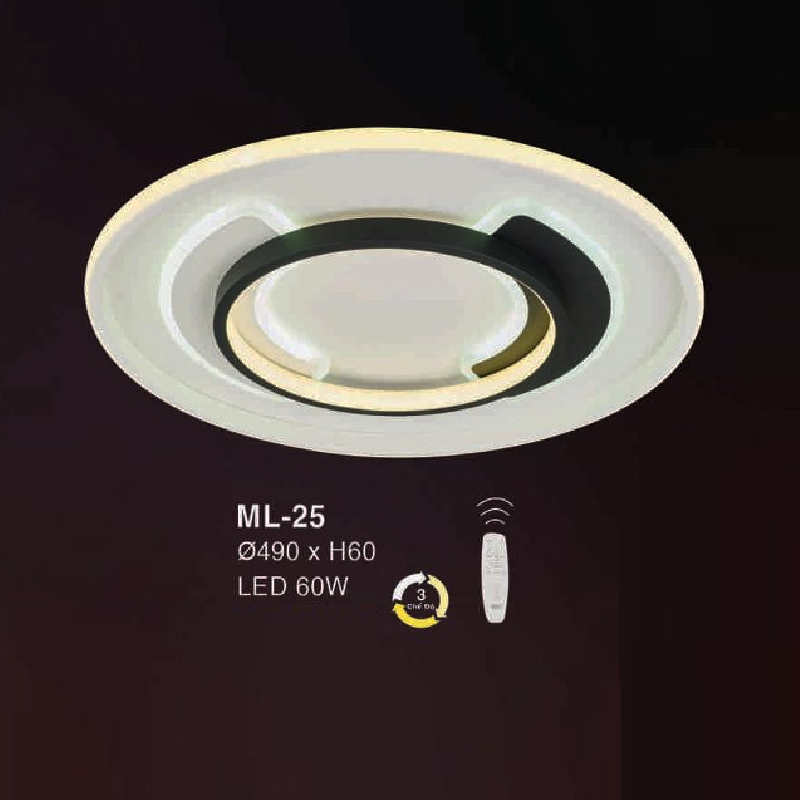 E - ML - 25: Đèn áp trần LED - KT: Ø490mm x H60mm - Đèn LED 60W ánh sáng đổi 3 màu - Remote