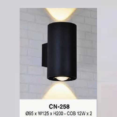 EU - CN - 258: Đèn gắn tường ngoài trời - KT: Ø95mm x W125mm x H200mm - Đèn LED COB 12W x 2,  ánh sáng vàng