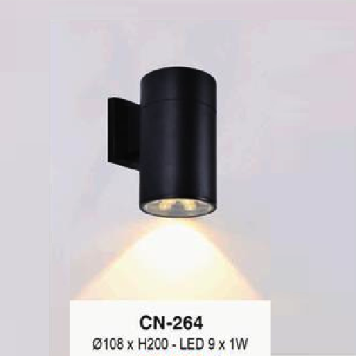 EU - CN - 264: Đèn gắn tường ngoài trời - KT: Ø108mm x H200mm - Đèn LED 9W, ánh sáng vàng