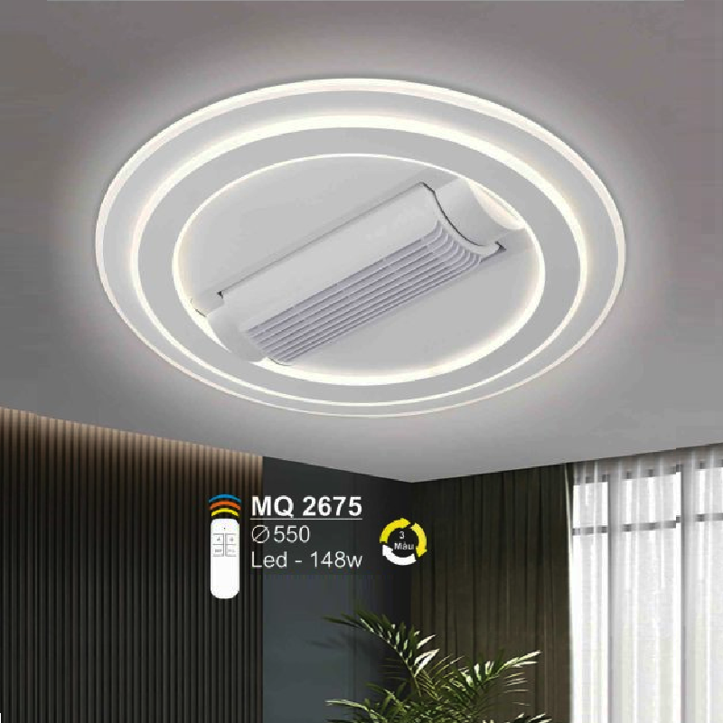 MQ 2675: Quạt trần đèn LED không cánh tròn - KT: Ø550mm - Đèn LED 148W ánh sáng đổi 3 màu