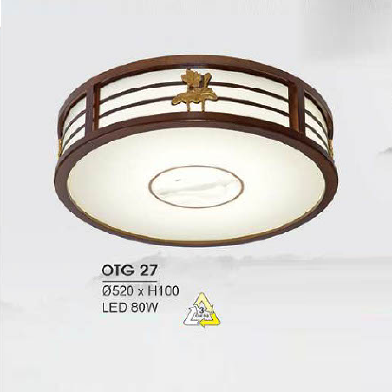 HF - OTG 27: Đèn ốp trần gỗ - KT: Ø520mm x H100mm - Đèn LED 80W đổi 3 màu