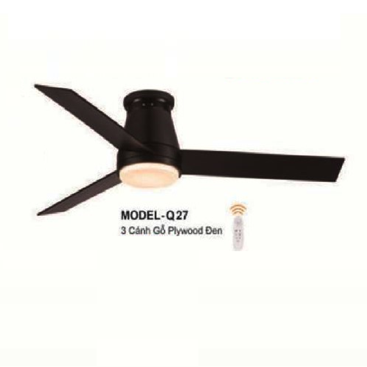 E - MODEL - Q27: Quạt trần đèn LED 3 cánh gỗ Plywood màu Đen