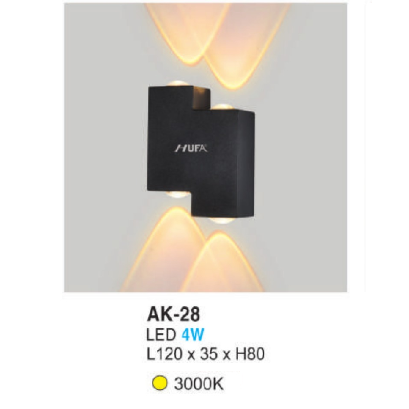 AK - 28: Đèn LED gắn tường ngoài trời - KT: L120mm x W35mm x H80mm - Đèn LED 4W, ánh sáng vàng 3000K