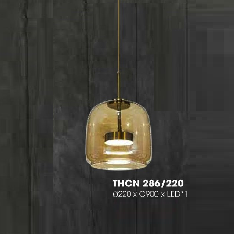 THCN 286/220: Đèn thả đơn chao thủy tinh màu trà - KT: Ø220mm x H900mm - Đèn LED