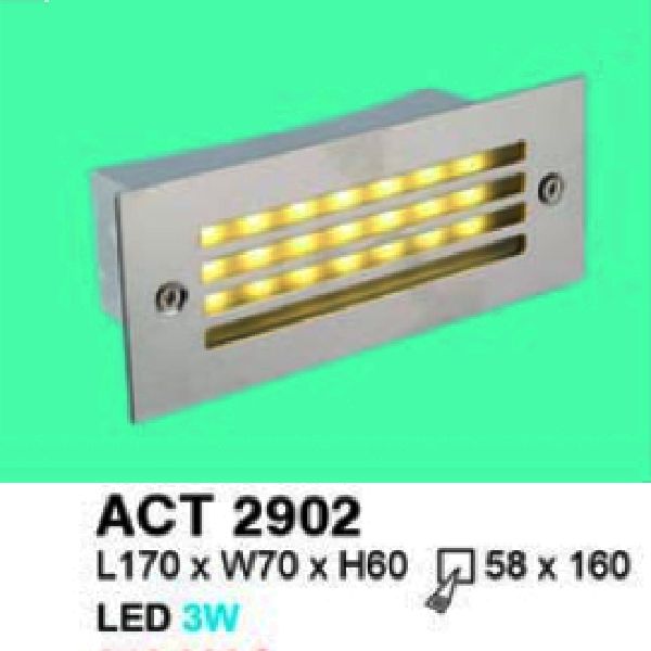 HF  -  ACT 2902: Đèn gắn âm tường/âm bậc cầu thang - KT: L170mm x W70mm x H60mm - Lổ khoét: L160mm x 58mm - Đèn LED 3W ánh sáng vàng