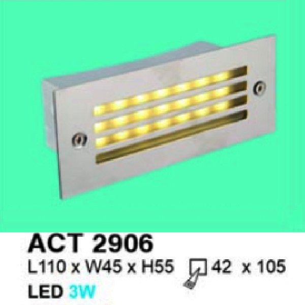 HF  -  ACT  2906: Đèn gắn âm tường/âm bậc cầu thang - KT: L110mm x W45mm x H55mm - Lổ khoét: L105 x 42mm  - Đèn LED 3W ánh sáng vàng