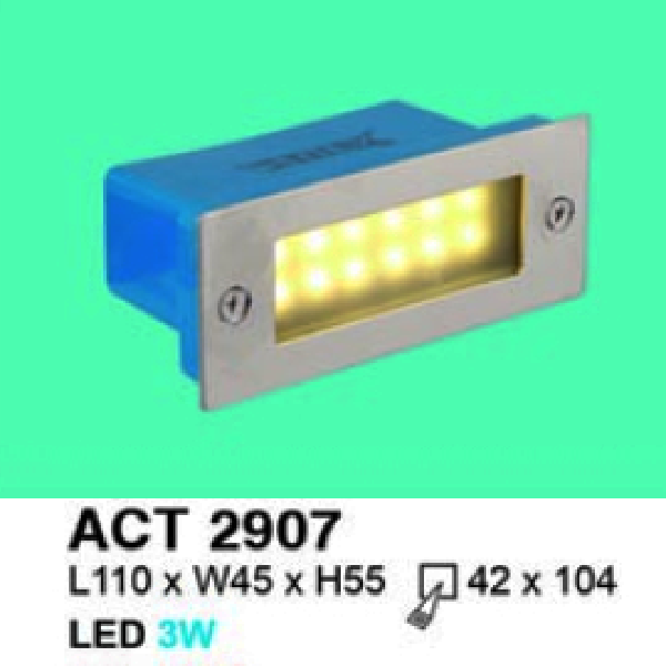HF -  ACT 2907: Đèn âm tường/âm bậc cầu thang - KT: L110mm x W45mm x H55mm - Lổ khoét: L104mm x 45mm - Đèn LED 3W ánh sáng vàng