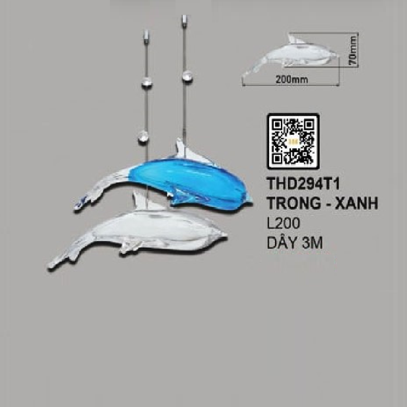 35 - THD294T1 TRONG - XANH : Đèn thả đơn chao thủy tinh hình cá ( trong/xanh) - KT: L200mm Dây dài 3m