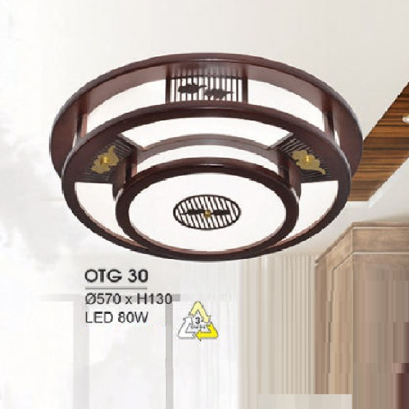 HF - OTG 30: Đèn ốp trần gỗ - KT: Ø570mm x H130mm - Đèn LED 80W ánh sáng đổi 3 màu