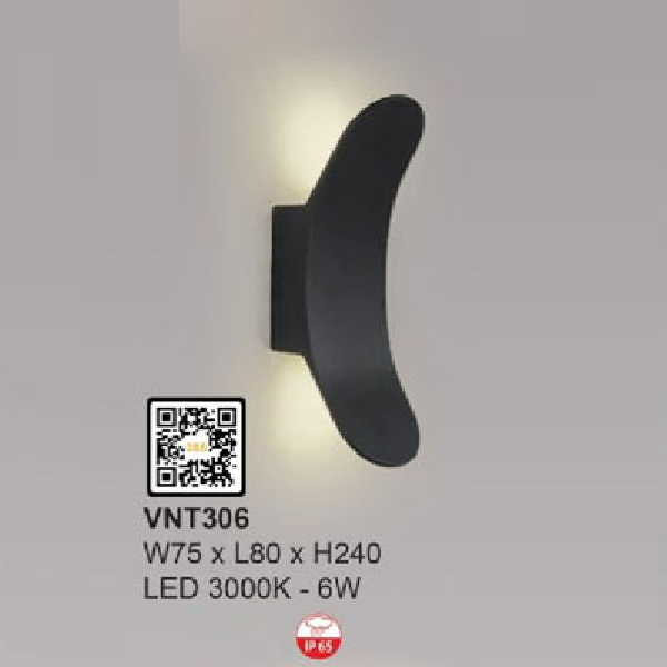 VNT306: Đèn LED gắn tường ngoài trời - KT: W75mm x L80mm x H240mm - Đèn LED 6W ánh sáng vàng 3000K