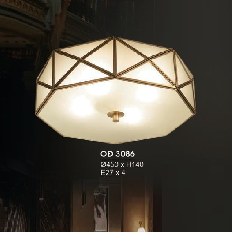 HF - OĐ 3086:  Đèn ốp trần đồng chao thủy tinh - KT: Ø450mm x H140mm - Bóng đèn chân E27 x 4 bóng