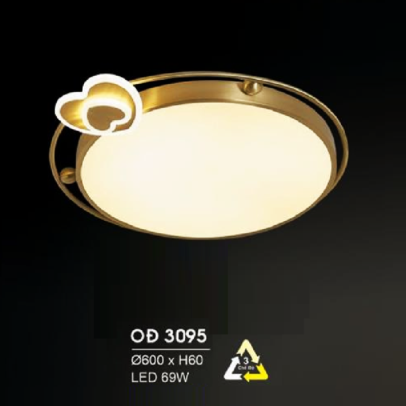 HF - OĐ 3095: Đèn ốp trần đồng LED - KT: Ø600mm x H60mm - Đèn LED 69W ánh sáng đổi 3 màu