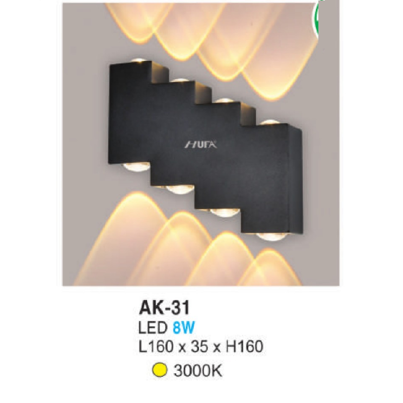 AK - 31: Đèn LED gắn tường ngoài trời - KT: L160mm x W35mm x H160mm - Đèn LED 8W, ánh sáng vàng 3000K