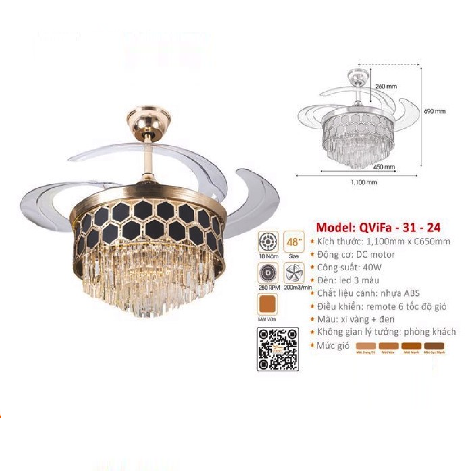 QViFa - 31-24: Quạt trần đèn LED  Phale  cánh nhựa xếp
