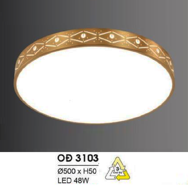 HF - OĐ 3103: Đèn ốp trần đồng LED - KT: Ø500mm x H50mm - Đèn LED 48W ánh sáng đổi 3 màu