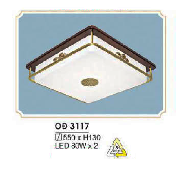 HF - OĐ 3117: Đèn ốp trần đồng đế gỗ - KT: L550mm x W550mm x H130mm - Đèn LED 80W x 2 ánh sáng đổi 3 màu