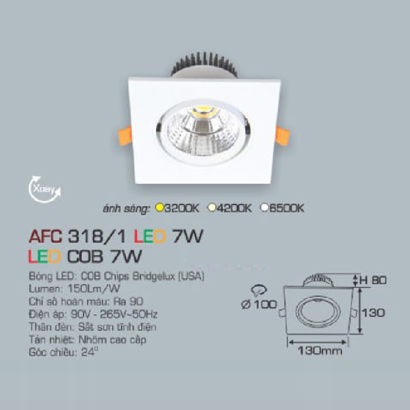 AFC 318/1 LED 7W: Đèn LED COB âm trần chiếu điểm xoay góc 7W, 1 chế độ ánh sáng ( vàng/trung tính/trắng)