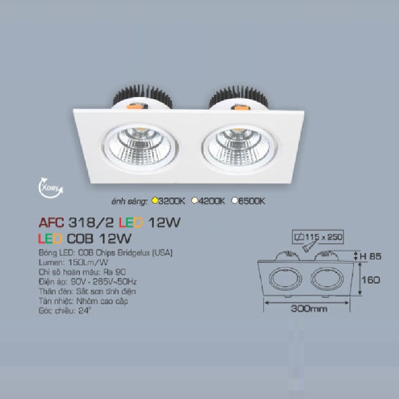 AFC 318/2 LED 12W: Đèn LED COB đôi âm trần chiếu điểm xoay góc 12W, 1 chế độ ánh sáng ( vàng/trung tính/trắng)