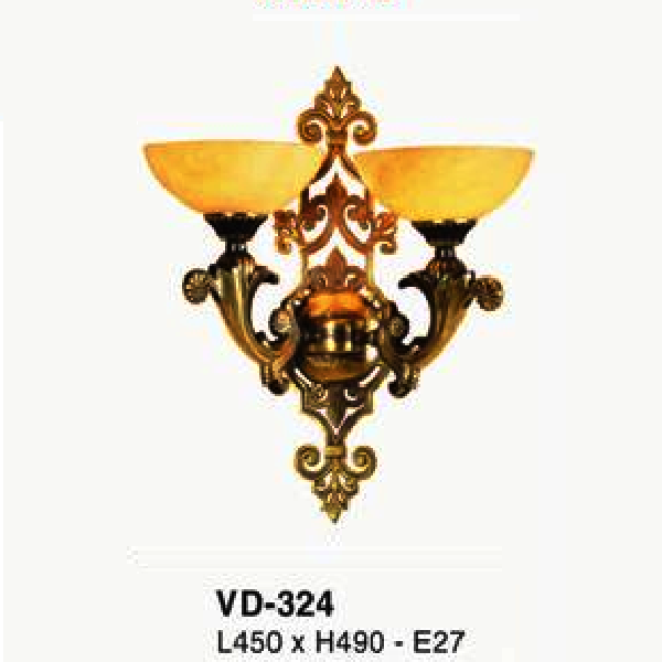 E - VD - 324: Đèn vách đồng đôi chao đá - KT: L450mm x  H490mm - Đèn chân E14 x 2 bóng