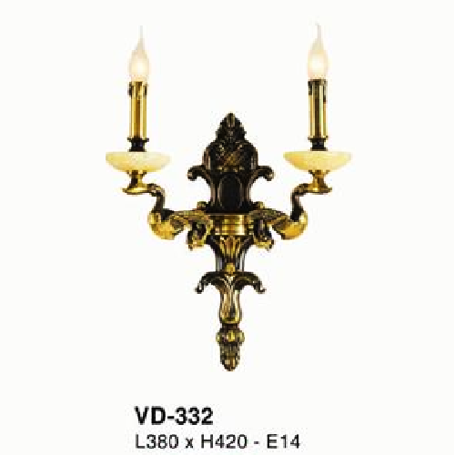 E - VD - 332: Đèn vách đồng đôi chao đá - KT: L380mm x  H420mm - Đèn chân E14 x 2 bóng