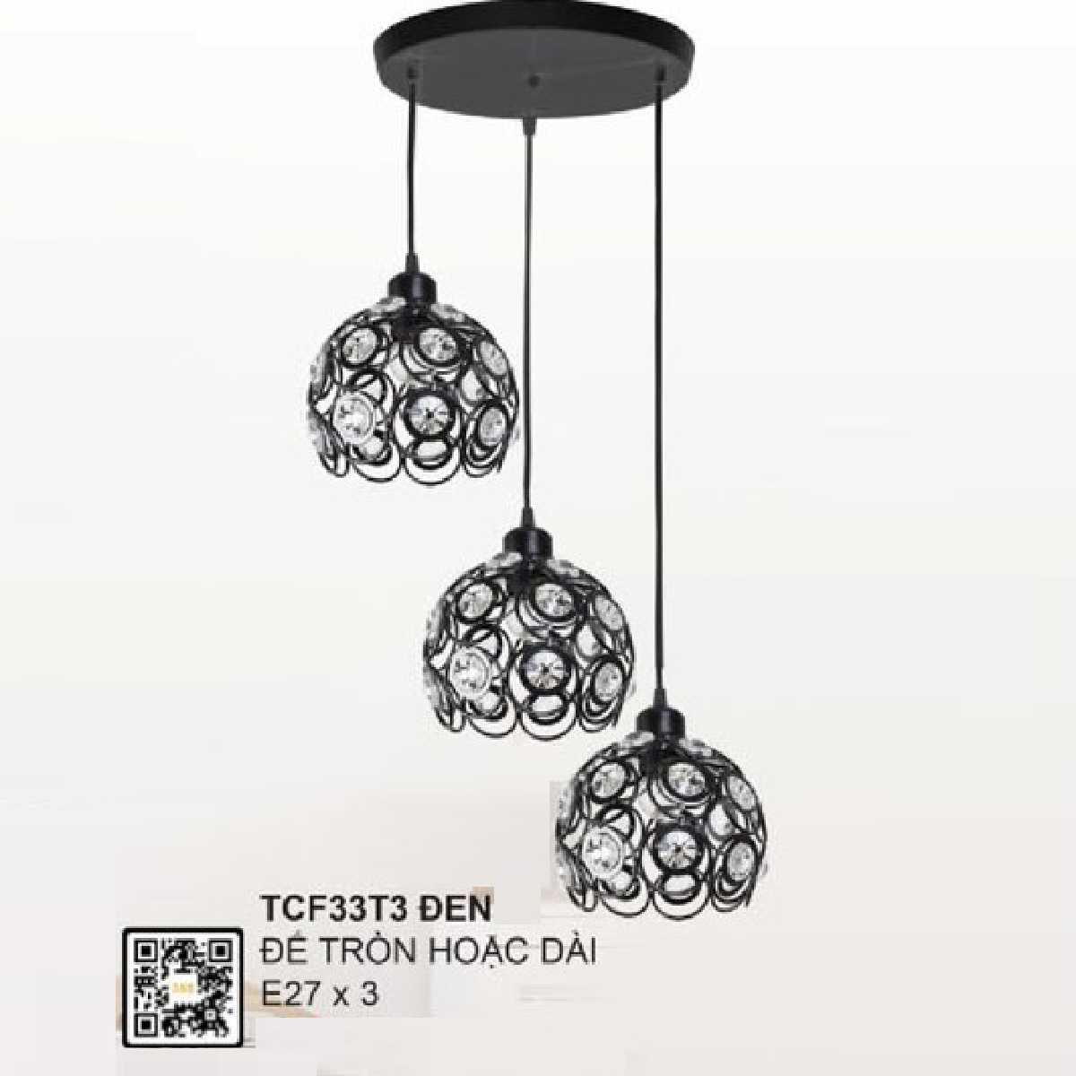 35 - TCF33T3 Đen: Bộ đèn thả 3 bóng, chao đính hạt thủy tinh - Sử dụng đế tròn hoặc dài - Đèn E27 x 3 bóng