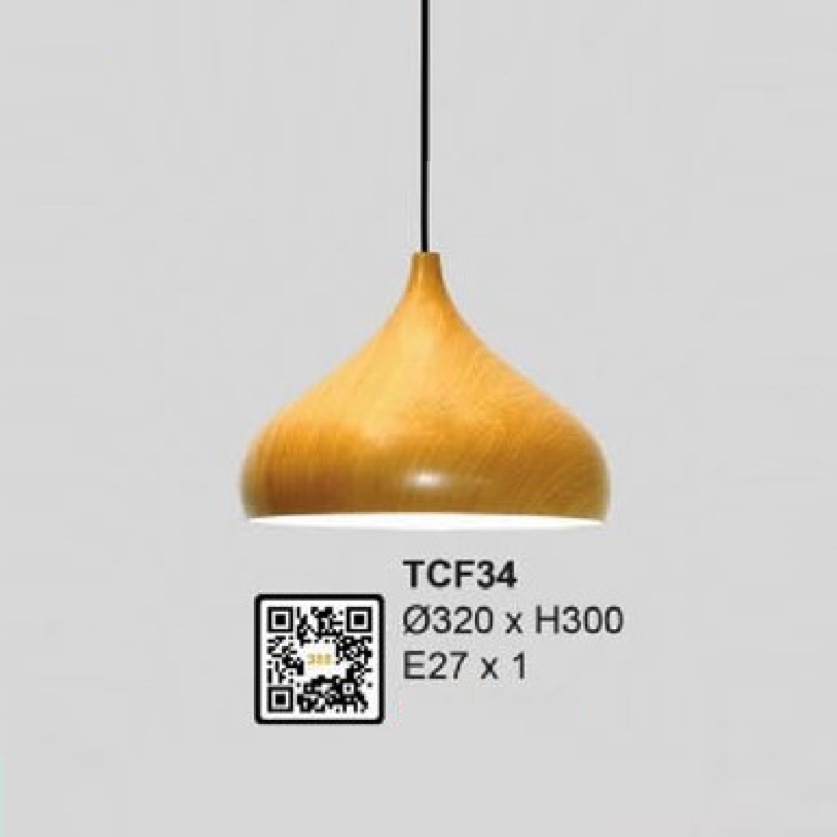 35 - TFC34: Đèn thả đơn chao màu vân gỗ - KT: Ø320mm x H300mm - Bóng đèn E27 x 1 bóng