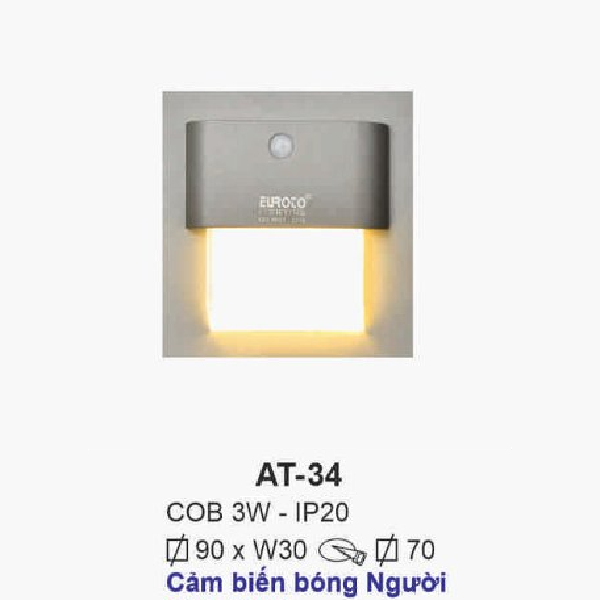 AT- 34: Đèn LED âm tường/âm bậc cầu thang Cảm biến bóng người - IP 20 - KT: V90mm x W30mm - Lổ khoét: V70mm - Bóng đèn LED COB 3W