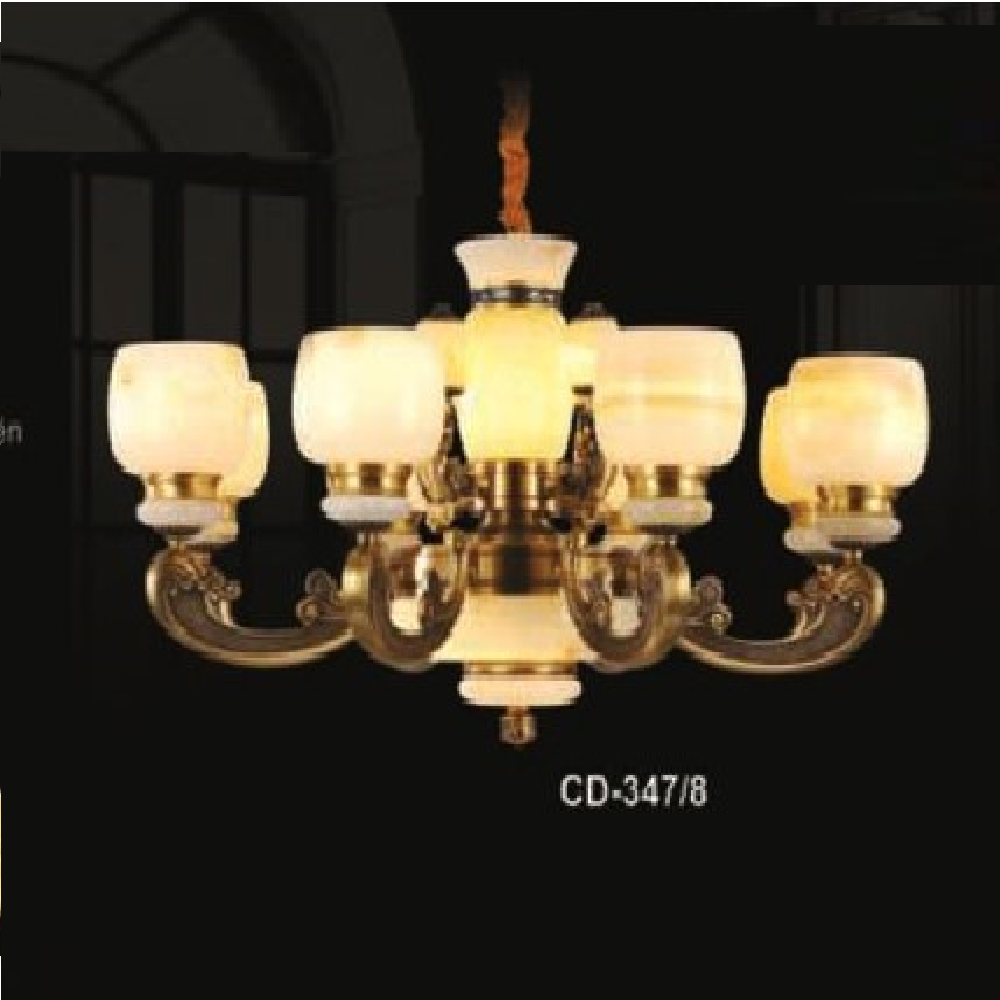 E - CD - 347/8: Đèn chùm đồng 8 tay, chao đá - KT: Ø800mm x H400mm + 500mm -  Bóng đèn nến E27 x 8 bóng + Đèn LED