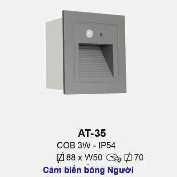 AT - 35: Đèn LED âm tường/âm bậc cầu thang, Cảm biến bóng người - IP 54 - KT: V88mm x W50mm - Lổ khoét: V70mm - Bóng đèn LED COB 3W