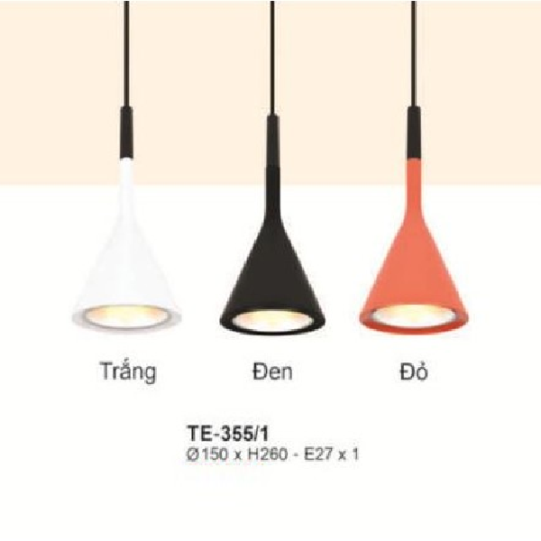 E - TE -355/1: Đèn thả đơn ( Trắng/Đen/Đỏ) - KT: Ø150mm x H280mm - Đèn E27 x 1 bóng